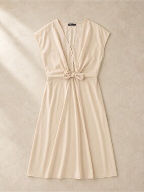 SHEIN Beige Tie Waist Midi Dress V-Neck Cap Sleeve Size L
